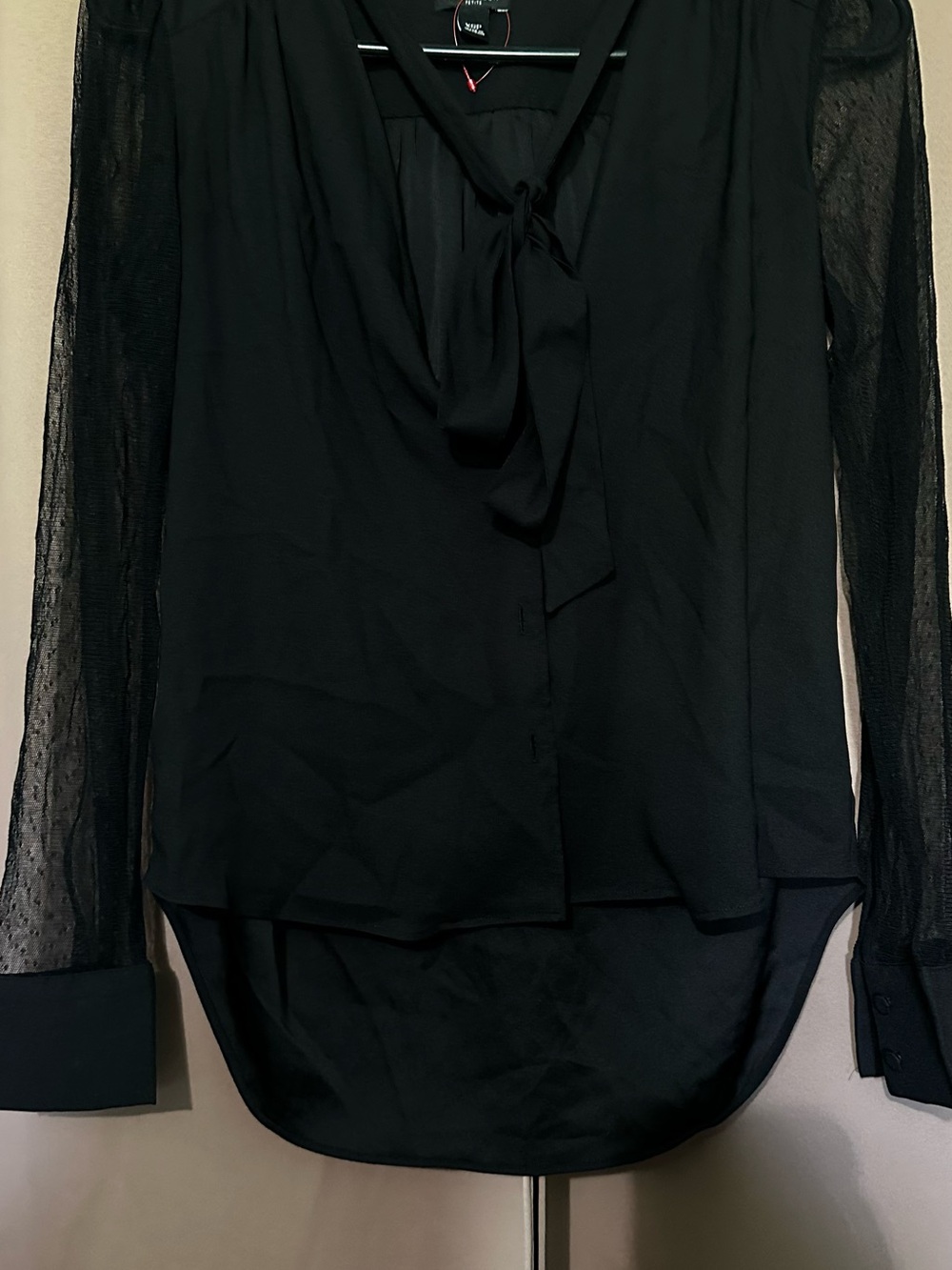Ann Taylor Black Tie-Neck Sheer Sleeve Blouse